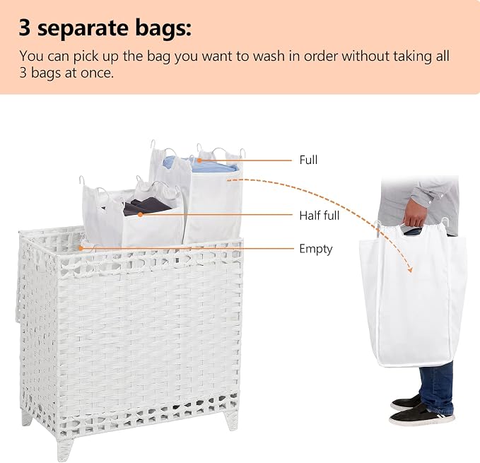 Laundry Hamper with 3 Removable Liner Bags, 132L Laundry Sorter with Lid | Raised Feet; Side Carry Handles; Handwoven PP Rattan; Rust-Resistant Iron Frame; Decorative Woven Design