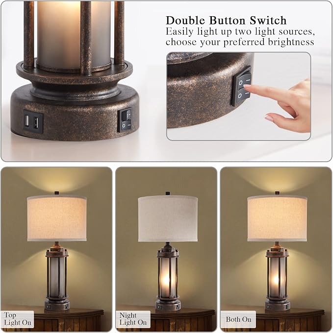 AIEAMPDO Set of 2 Farmhouse Table Lamps for Living Room with USB C+A Ports | Rustic Vintage Bedroom Nightstand Lamp, Built-In Frosted Glass Night Light for End Table Entryway, 4 Bulbs Included (Bronze)