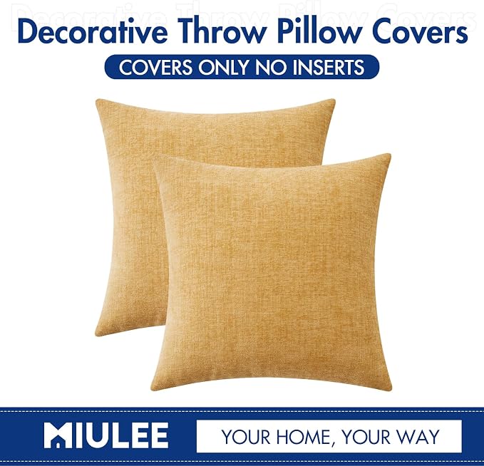 MIULEE Soft Chenille Throw Pillow Covers Gold 16x16 Inch Pack of 2 | Modern Home Decor, Classic Decorative Pillows, Solid Dyed Cases, Boho Couch Cushion Covers for Sofa Bed Living Room
