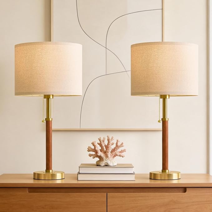 22" Wood Table Lamps Mid Century Modern Lamp for Bedroom Living Room | Bedside Lamps for Night Stands Nightstand Lamp with Pull Chain Gold Small Side End Table Lamps Set of 2 Vintage Deco Gifts