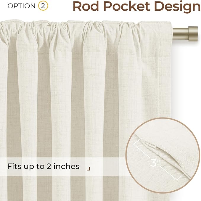 INOVADAY 100% Blackout Linen Curtains for Bedroom 50x90 Inches Beige White | Linen Textured, Light Blocking, Room Darkening, Thermal Insulated, Back Tab Top, Window Curtains for Living Room, 2 Panels