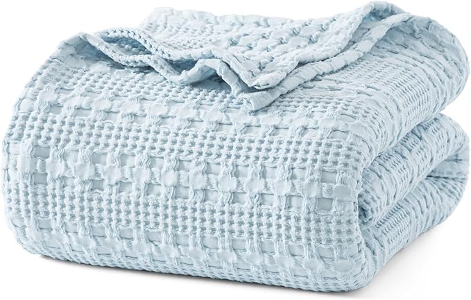 PHF Lightweight 100% Cotton Waffle Blanket for Bed, King, Sky Blue | Pre-Washed Soft Cotton Comfort, Breathable Layering Warmth for Fall & Winter, Bed, Sofa, Couch, Home Decor & Gifts
