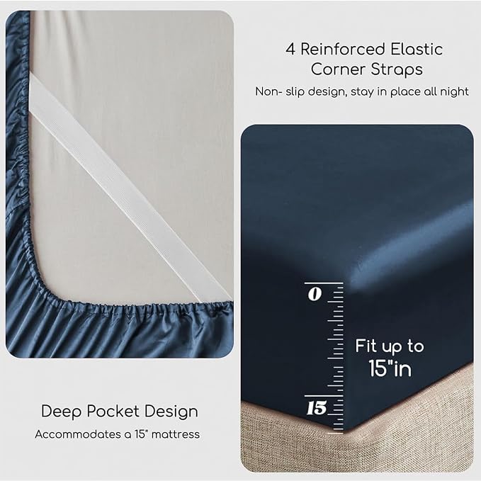 MR&HM Satin Sheets Full Size with Elastic Corner Straps, Mood Indigo | Similar to Silk, 4-Piece Silky Soft Bed Sheet Set, Gentle on Skin and Hair, 15" Deep Pocket, Cooling & Breathable
