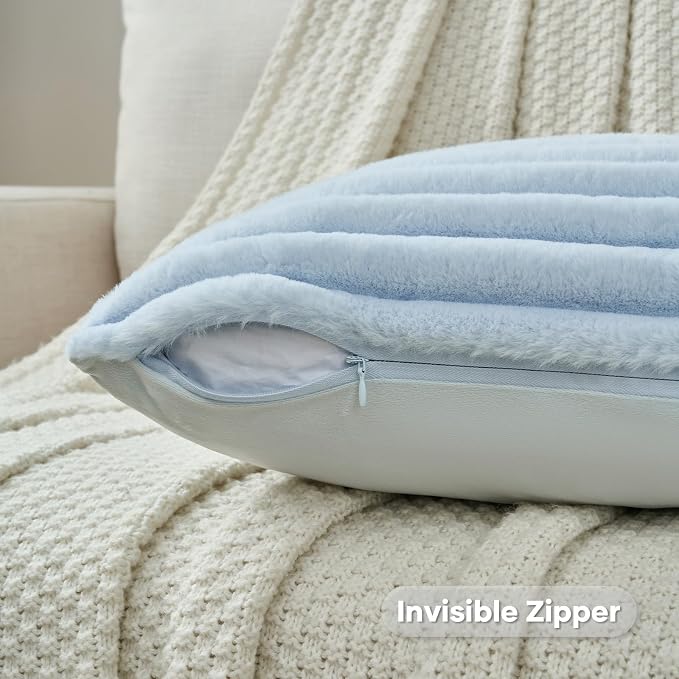 FUTEI Pack of 2 Faux Fur Throw Pillow Covers 18x18 Inch, Light Blue | Fluffy Faux Rabbit Fur Front/Premium Velvet Back,Hidden Zipper,Machine Washable,Non-Shedding,Colorfast,Insert Not Included.