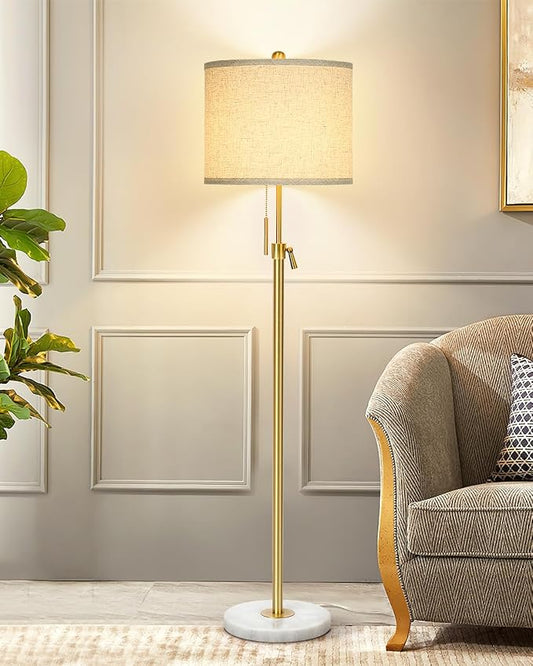 Qingmiao Modern Floor Lamp for Living Room, Adjustable Height Standing Lamp with Marble Base, Gold Tall Pole Light with Linen Shade for Reading Bedroom, Chain Switch, 8W 3-Way Dimmable Bulb Included