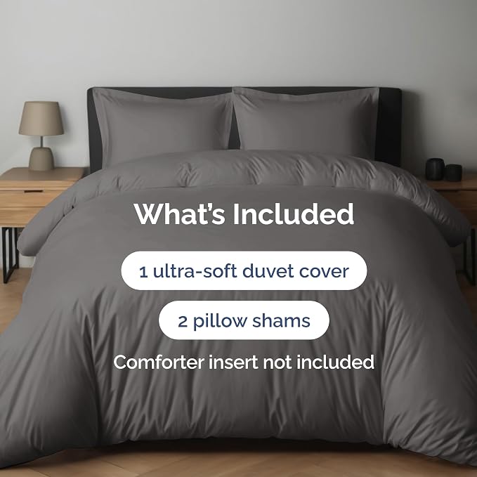 Duvet Cover Full Size - Soft 3 Piece with Zipper Closure - Dark Grey | Extra Soft, Breathable, Full Duvet Cover 80" x 90" with 2 Pillow Shams, Zipper Closures & Ties, Women, Men, Kids & Teens