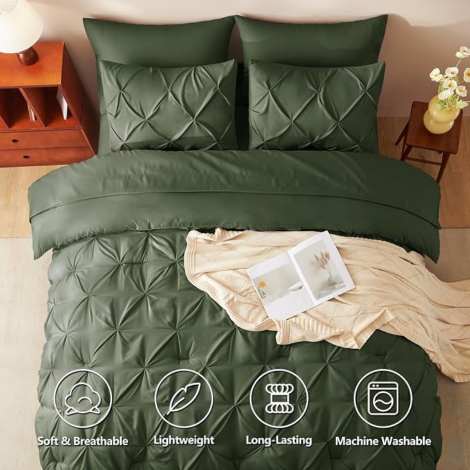 King Size Comforter Set Olive Green, 7 Pieces Bed in a Bag | OEKO-TEX 100 Certified, 240GSM All Season, Bedroom, Guest Room, Down-Alternative Comforter, Sheets, Pillowcases & Shams