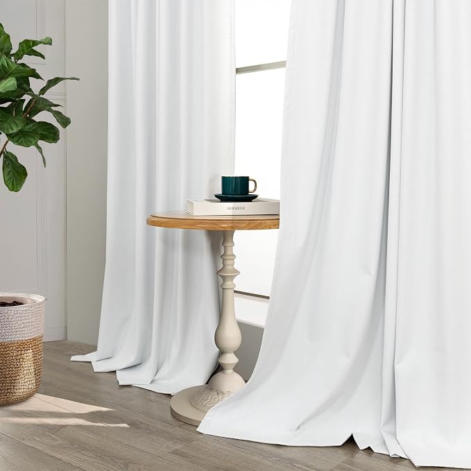 Pitalk 100% Blackout Curtains for Bedroom White 100 Inch Length Living Room Black Out Shades Faux Linen Designer Custom Drapes for Windows Treatments Thermal Insulating 100 Inches Long 2 Panels 2Pcs