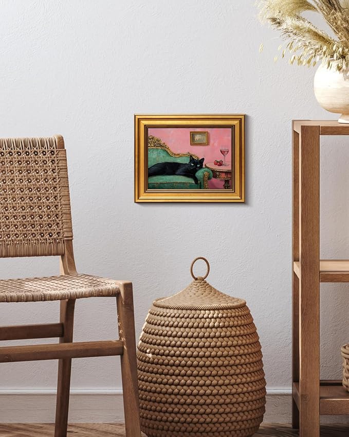 VIYYIEA Vintage Gold Framed Wall Art for Living Room, Black Cat Canvas Prints Home Decor, Oil Painting Picture, Bedroom Wall Decor Gifts for Friends or Family -【Lying Cat】-(10L x 8W)