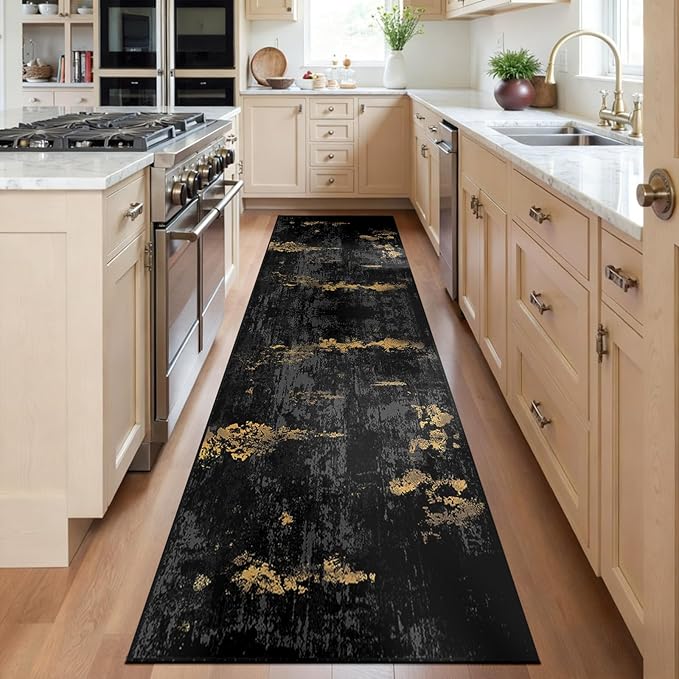 RELEANY Washable Runner 2'x6' Abstract Area Rug for Hallway Black Gold | Carpet for Kitchen, Entryway, Bathroom, Living Room, Bedroom, Printed Pattern, Non‑Slip, Soft, Stain‑Resistant, Easy to Clean
