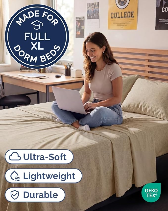 Full XL Sheets - 4 Piece Full XL Sheet Set - Soft & Cooling - Heathered Tan | Hotel Luxury Bedding for Women & Men with Deep Pockets, Ultra-Soft, Comfy, Easy-Fit, Wrinkle Free & Fade Resistant, Oeko-Tex