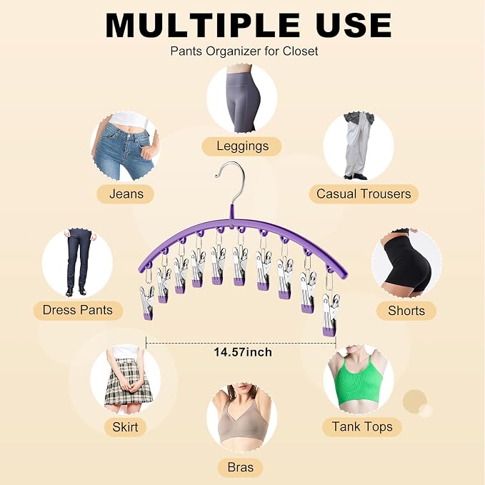 Volnamal Legging Organizer for Closet,4 Pack Metal Yoga Pants Hanger-Purple | Clothes Hanger w/10 Clips Hold 40 Leggings,Space Saving Hanging Closet Organizer College Dorm Essentials Apartment Essential