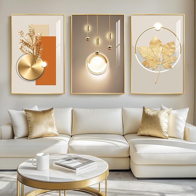 Cuspin Large Modern Luxury Wall Art for Living Room, 3 Piece 24x36 In | Soild golden framed prints, Crystal coating wall paintings, Big geometric wall art for bedroom dining room hallway