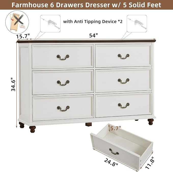 Joaxswe Farmhouse 6 Drawers Dresser for Bedroom, Vintage 54" Wide Chest of Drawers w/ 4 Wooden Legs, Rustic Large Closet Storage Dressers Organizer for Hallway, Wood TV Stand for Living Room, White
