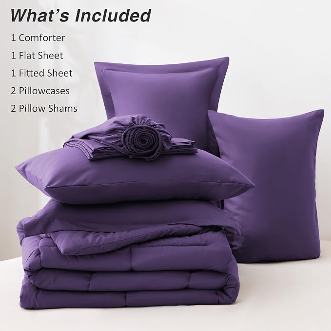 Love's cabin Queen Comforter Set Dark Purple, 7 Pieces Queen Bed in a Bag, All Season Bedding Sets with 1 Comforter, 1 Flat Sheet, 1 Fitted Sheet, 2 Pillowcase and 2 Pillow Sham