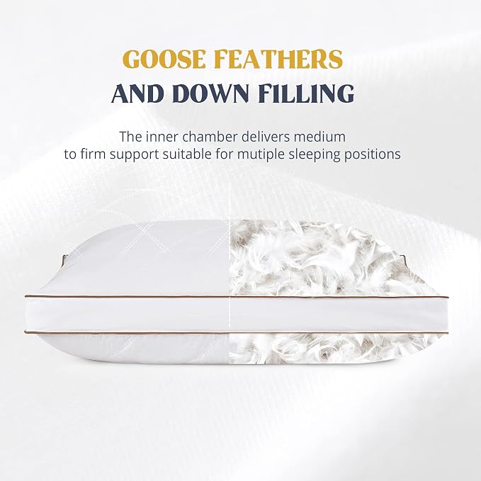 puredown® Goose Feathers and Down Pillow for Sleeping Hotel Collection Bed Pillows, Gusseted, Queen, Set of 2