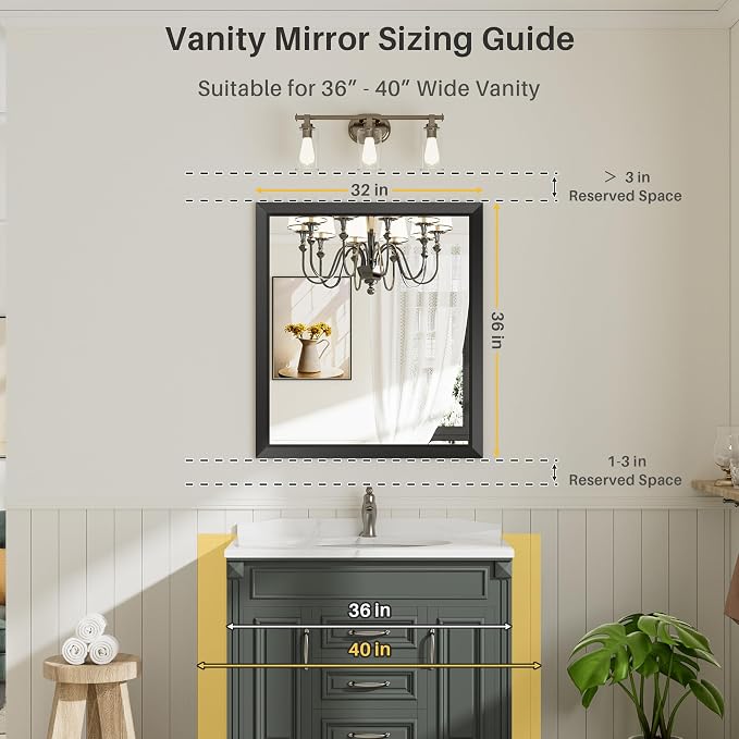 Black Metal Framed Bathroom Wall Mirror, 36x32 Inch | Anti-rust, HD tempered glass, for bathroom vanity, bedroom, living room, horizontal or vertical mount