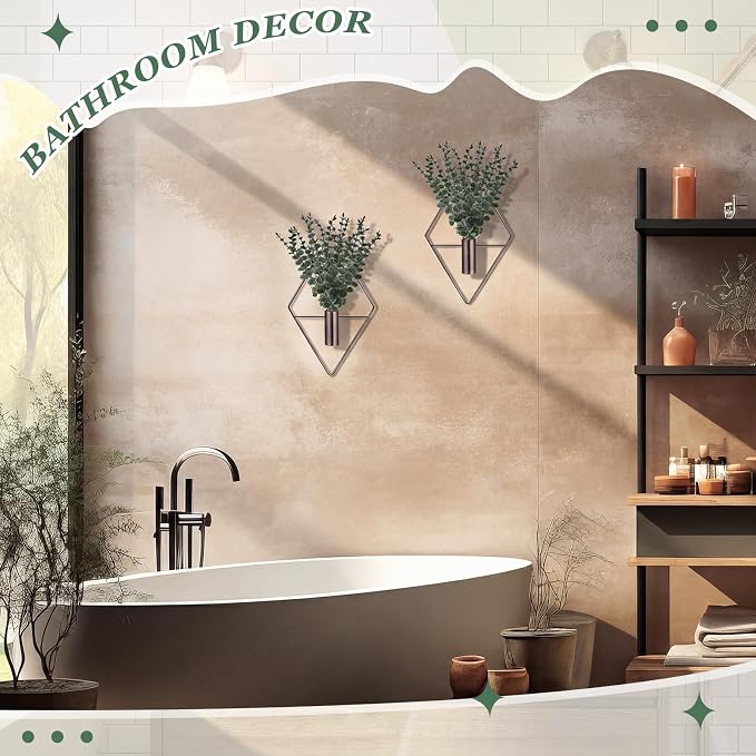 Jexine 4 Pcs Hanging Planters with Artificial Eucalyptus Metal Hanging Vase Indoor Plants Holder Modern Geometric Boho Bathroom Wall Decor for Living Room Home Office, Bronze
