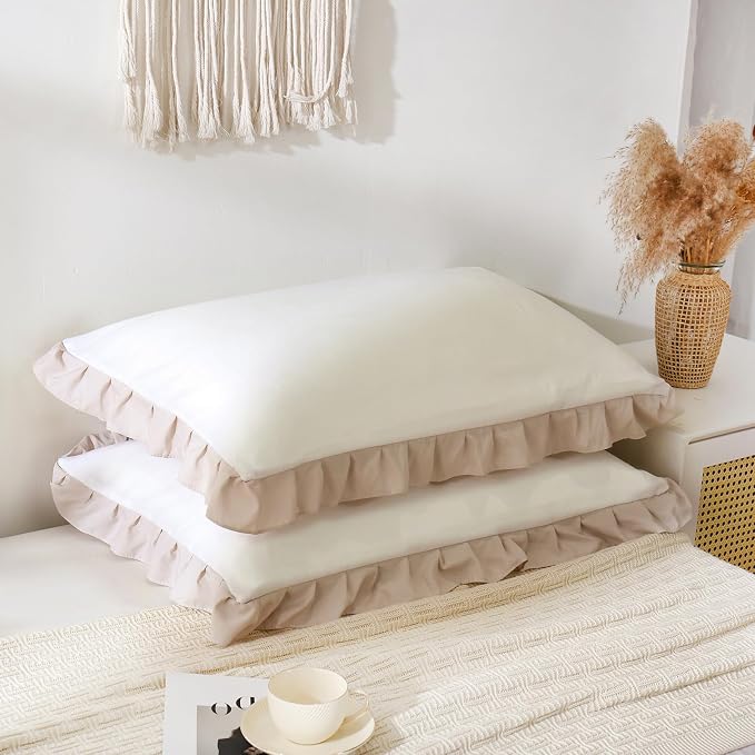 Merryword Beige Pillow Ruffled Shams White and Beige Reversible Standard Pillowcases Cute Pillow Cover Set of 2 Soft Shabby Chic Pillowcases 2 Pack (Queen (20''x30''), White Beige)