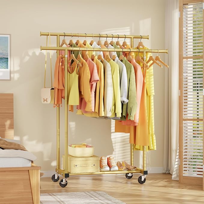HYSEYY Double Rods Clothes Rack, Sturdy Rolling Clothing Rack, Portable Clothing Racks for Hanging Clothes - Metal Garment Rack Wardrobe Coat Rack for Bedroom Laundry Living Room, Gold