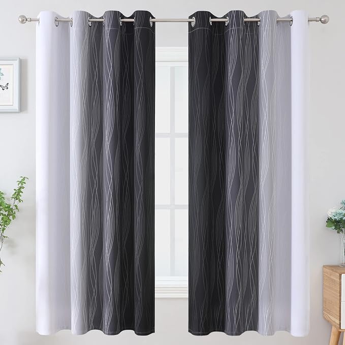 Black and Greyish White Ombre Blackout Curtains for Bedroom 52x63 Inch Long | Estelar Textiler Light Blocking Living Room Curtains, Room Darkening, Thermal Insulated Grommet Drapes for Kids Room,2 Panels