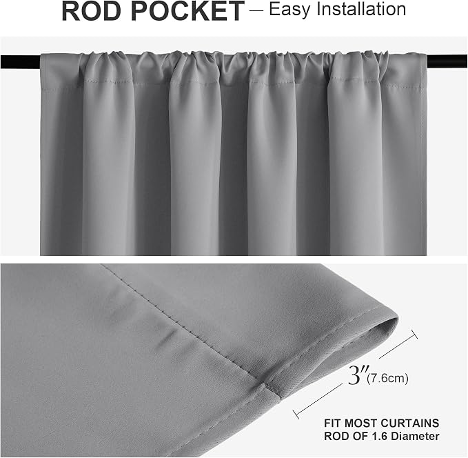 PONY DANCE Blackout Curtains for Bedroom, Rod Pocket Thermal Insulated Noise Reducing Noise Reducing Drapes for Living Room, W 52 x L 72 Inch, 2 Panels, Silver Grey