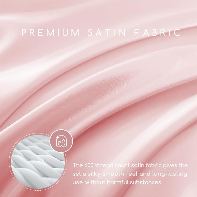 MR&HM Satin Sheets Full Size with Elastic Corner Straps, Light Pink | Similar to Silk, 4-Piece Silky Soft Bed Sheet Set, Gentle on Skin and Hair, 15" Deep Pocket, Cooling & Breathable