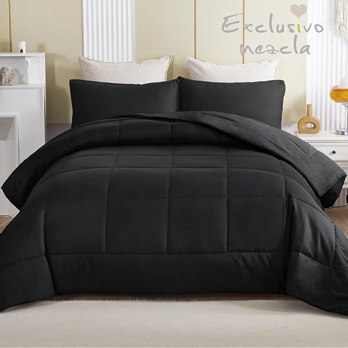 Exclusivo Mezcla Reversible Soft King Comforter Set, 3 Pieces | Black Lightweight Microfiber Down Alternative Comforters, All-Season Bedding with 2 Pillow Shams