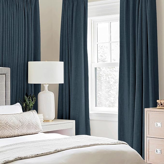 MIULEE 100% Blackout Linen Curtains for Bedroom 52x45 Inches Navy | Room Darkening, Light Blocking, Thermal Insulated, Grommet Top, Linen Textured, Window Curtains for Living Room, 2 Panels