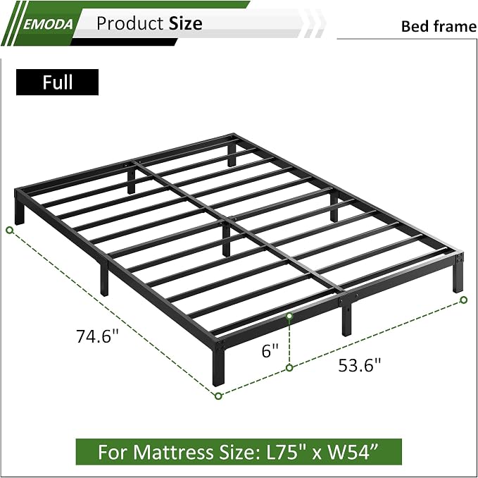 EMODA 6 Inch Full Size Bed Frame Heavy Duty Metal Platform | No Box Spring Needed, Easy Assembly Noise Free, Black