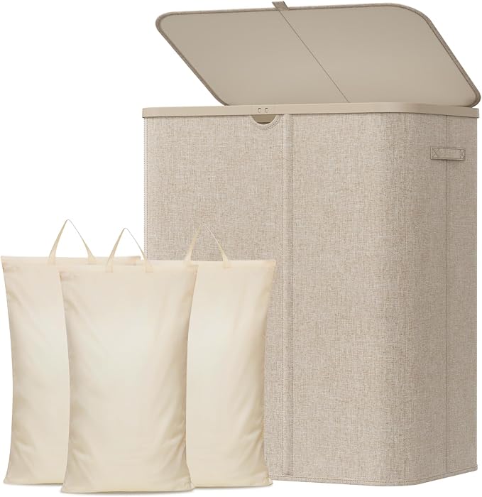 Lifewit 185L 3 Section Laundry Hamper with Lid, Laundry Basket, Beige | Large Foldable Laundry Sorter with 3 Removable Bags, Tall Clothes Hamper for Bedroom and Bathroom