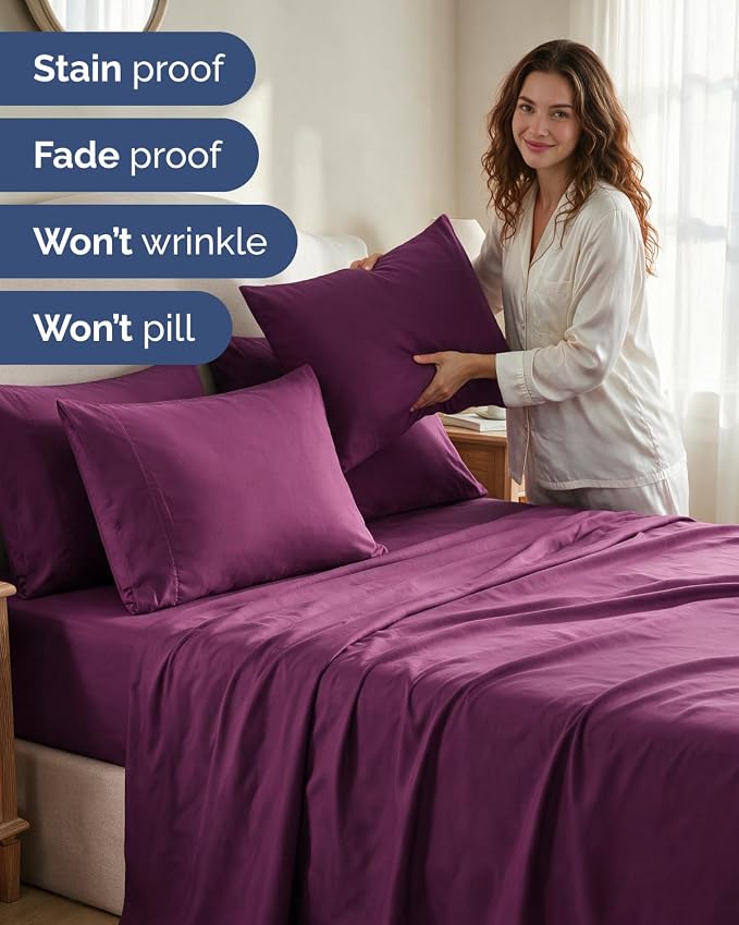 King 6 Piece Bed Sheet Set - Breathable & Cooling Sheets - Deep Purple | Ultra Soft Hotel Luxury Bedding Set w/ 8-16 Inch Deep Pockets - 1 Flat & 1 Fitted Sheet & 4 Pillowcases - Wrinkle & Fade Free