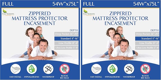 Full Size Mattress Protector Bedbug Waterproof Zippered Cover Hypoallergenic Premium Quality Encasement White (Pack of 2)