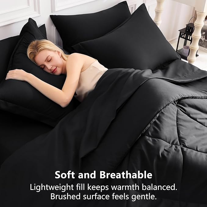 Full Size Comforter Sets Black - 7 Pieces Complete Bedding Set | OEKO-TEX Certified, All Season, 240GSM Down-Alternative Comforter, Sheets, Pillowcases & Shams, 14" Deep Pocket, Easy Care