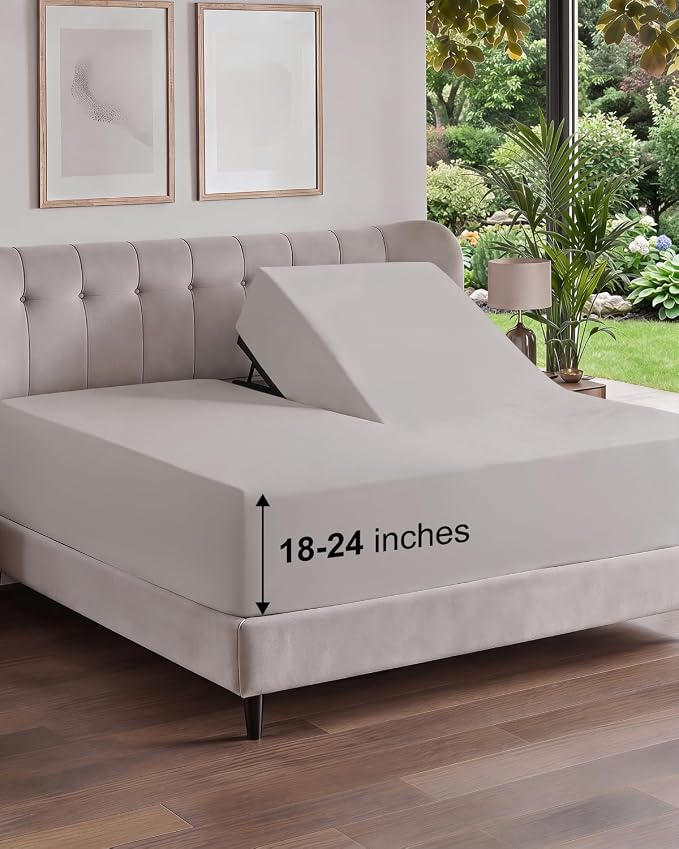 Extra Deep Flex Top Split Head King Fitted Sheet - Hotel Luxury Single Fitted Sheet Only - Easily Fits 18 inch to 24 inch Mattress - Ultra Soft, Wrinkle Free w/Extra Deep Pockets - Light Grey