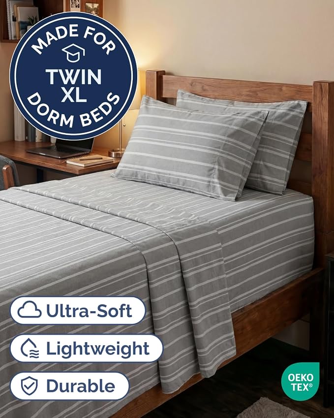 Extra Deep Twin XL Sheet Set - 4 Piece College Dorm Room - Grey Stripes 3 | College Dorm Room Essentials, Easy & Secure Fit, Ultra-Soft, Wrinkle & Fade Free, Comfy Sheets Set with Extra Deep Pockets