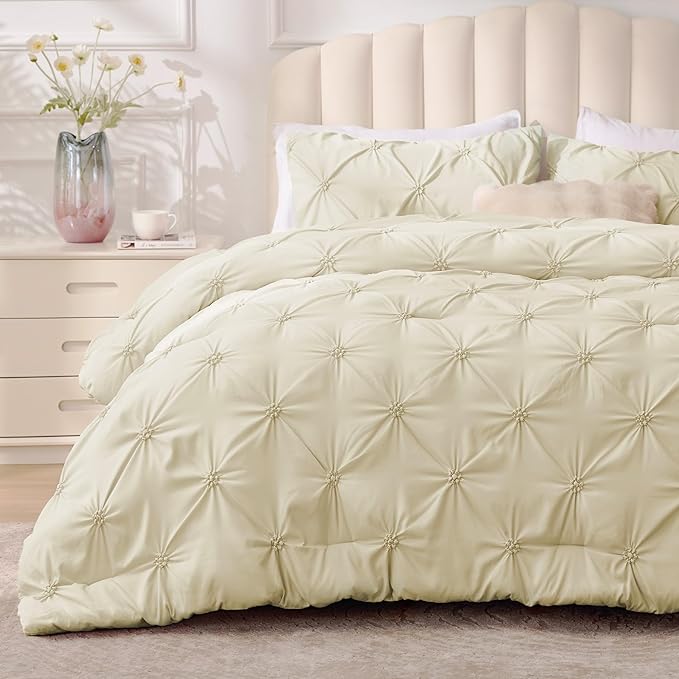BEDELITE King Comforter Set Beige,Lightweight & Soft Comforter | Pintuck Boho Bedding, Warm & Cute Bed Set for All Season,With 2 Pillowcases