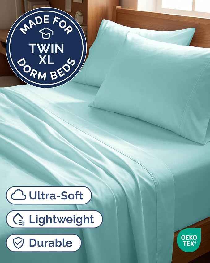 Twin XL 4 Piece Sheet Set - College Dorm Room Essentials - Spa Blue | Ultra Soft Dorm Bedding Set, 8" to 16" Inch Deep Pockets, 1 Flat & 1 Fitted Sheet & 2 Pillowcases, Wrinkle & Fade Free
