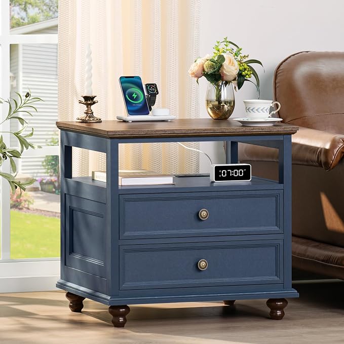 Joaxswe Farmhouse Nightstand Set of 2 with Charging Station, 24" Wide End Table with 2 Drawers,Wood Dresser for Bedroom,Bed Side Table Chest of Drawers Cabinet,Navy BlueNight Stand for Living Room