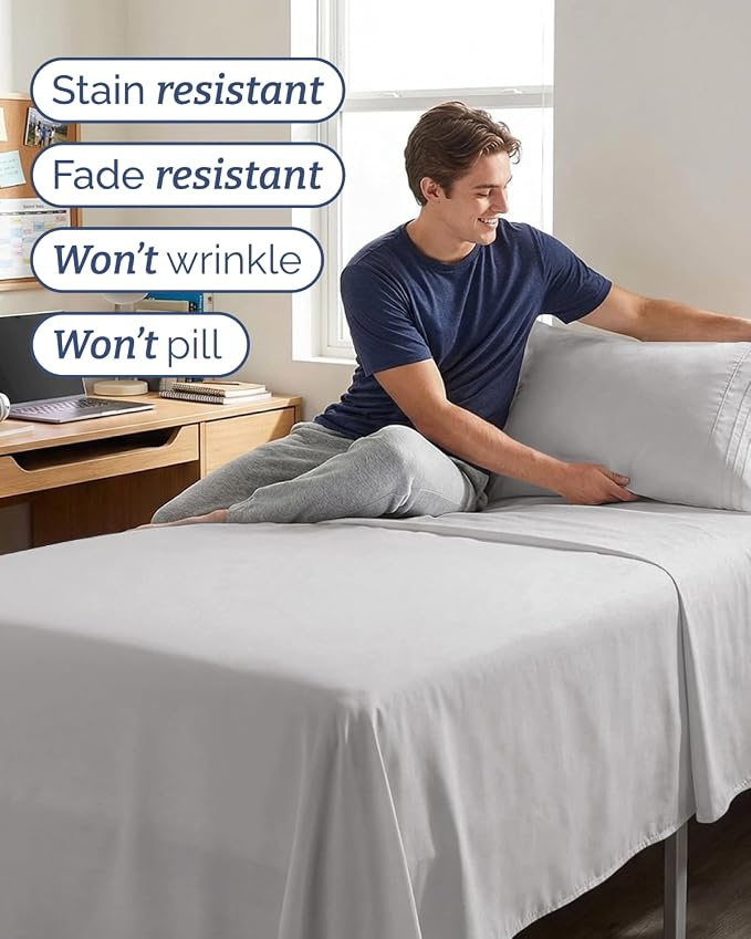 Twin XL 3 Piece Sheet Set - College Dorm Room Essentials - French Grey | Deep Pocket Bed Sheets for Women, Men, Teens & Students, Soft, Cooling, Breathable & Wrinkle Free, Oeko-Tex Bed Sheet Set