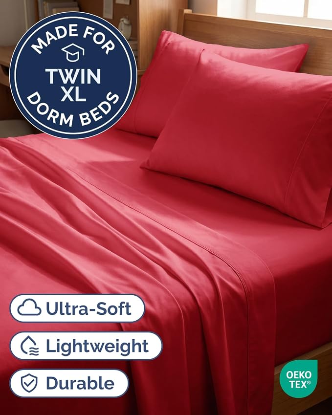 Twin XL 4 Piece Sheet Set - College Dorm Room Essentials - Red | Ultra Soft Dorm Bedding Set, 8" to 16" Inch Deep Pockets, 1 Flat & 1 Fitted Sheet & 2 Pillowcases, Wrinkle & Fade Free
