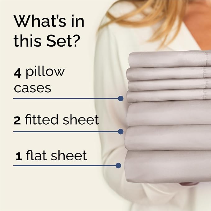 Split King 7 Piece Bed Sheet Set - Comfy, Breathable & Cooling - Light Grey | Ultra-Soft Hotel Luxury Bedding Set w/ 8-16 Inch Deep Pockets, 1 Flat & 2 Fitted Sheet & 4 Pillowcases, Wrinkle & Fade Free