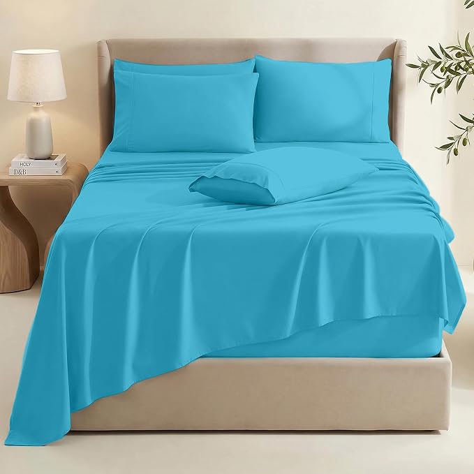 Hearth & Harbor Extra Deep Pocket Queen Sheets Sets - Fits Mattress 18-24 Inches Deep - Extra Deep Pocket Sheets - 6 Piece Queen Size - Beach Blue