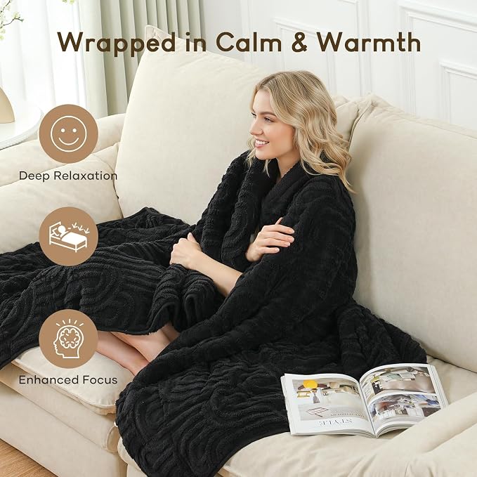 Cottonblue Jacquard Weighted Blanket for Adults Queen Size 12 lbs 60"x80" | Soft Sherpa Fleece Weighted Blankets Throw for Sleep Calm Relax, Fuzzy Warm Black Arch Heavy Blanket for Bed Sofa, Washable