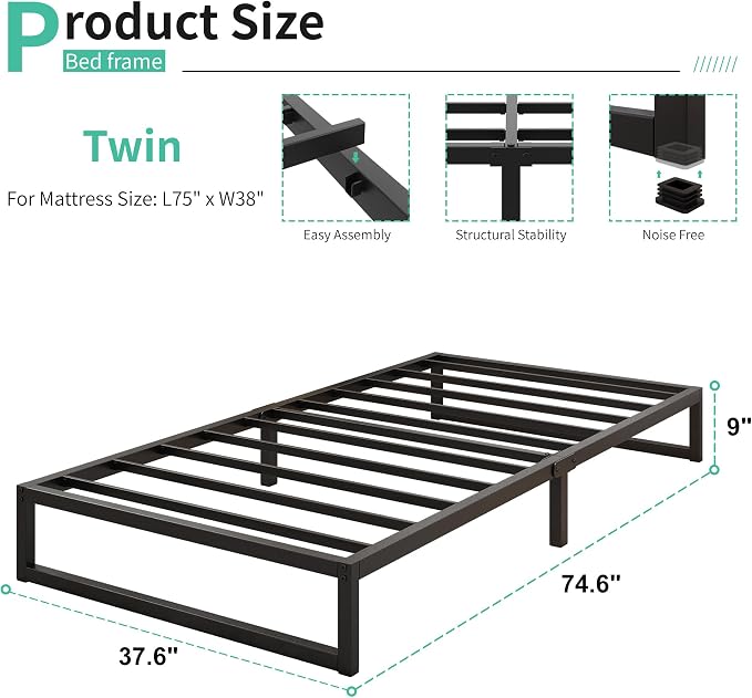 Lutown-Teen 9 Inch Twin Bed Frames with Heavy Duty Steel Slat Support | Twin Platform Bed Frame No Box Spring Needed, Noise Free, Easy Assembly, Black