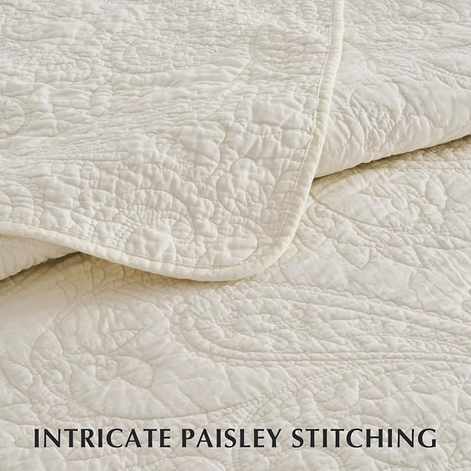 EVERGRACEHOME 100% Cotton Paisley Quilt Set, King Size, Ivory Cream | Prewashed for Softness, Year-Round Breathability, Gift-Ready Box, Matelasse-style Quilted Coverlet, 3 Piece Set with 2 Shams