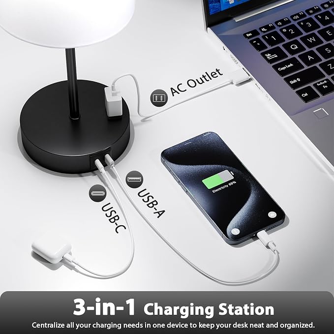 White Black Touch Lamps for Bedroom Set of 2, Dimmable, USB C+A, AC Outlet | Large 17.6" Tall Lamp, 3-Way Dimming, 5000K Daylight Bulbs, White Lampshade Black Base, for Living Room, Boys, Men, Girls