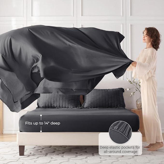 7 Pieces California King Comforter Set, Seersucker Bed in a Bag Cal King Size, All Season Luxury Bedding Set with Comforter, Flat Sheet, Fitted Sheet, Pillowcases & Shams, Dark Grey