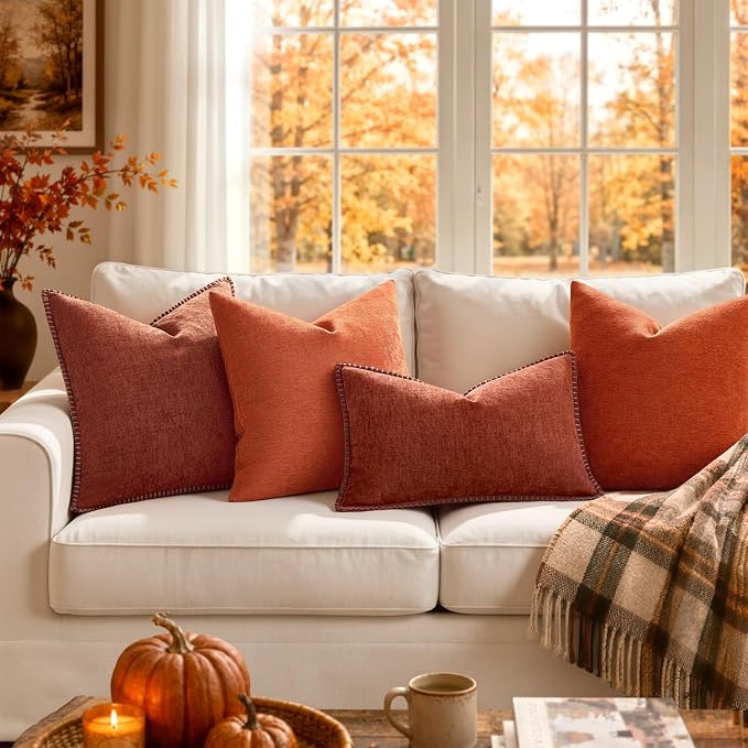 MIULEE Fall Decorative Couch Throw Pillow Covers 20x20 Inch Burnt Orange | 2 Pack, Terracotta Farmhouse Pillow Covers with Stitched Edge, Soft Chenille Cushion Cases, Sofa Bed Living Room Home Decor