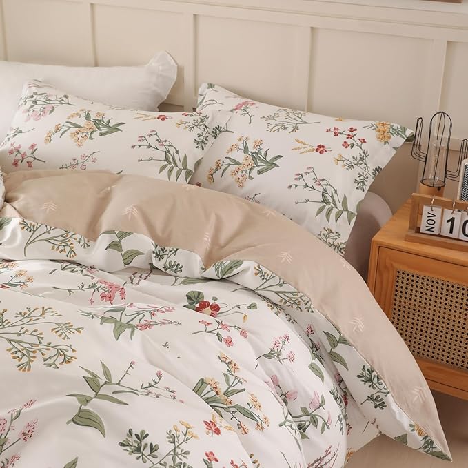 OAITE Queen Duvet Cover Set 3pcs 100% Cotton with Wildflower Botanical | Soft, Breathable,Long-lasting,Comfort,Hidden Zipper,8 Corner Ties,Easy Care for All Season